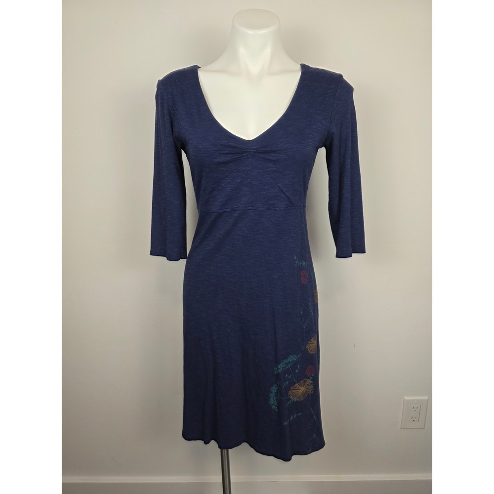 Horny Toad Navy Blue Dress Womens Small‎ Embroidered Floral 3/4 Sleeve Casual